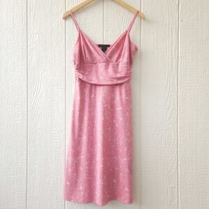 Vtg Y2K Midi Dress S Pink Ruched Stretch Floral Babydoll Coquette Layer Romantic